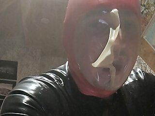 Breath play mask and latex catsuit 
