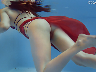 Super hot babe in red lingerie Marfa underwater and by the pool