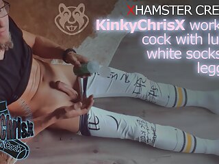 KinkyChrisX works his shaved cock with lube in white socks and leggings WITH CUMSHOT