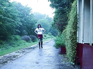 Crossdressed outdoors flashing my stockings and knickers