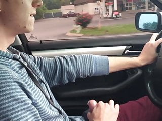 Cute twink cums while driving