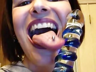 Long, MILF, Glass Dildo, Tongue