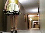 Sissy Ray in Hotel Corridor in Sissy Dress and Sexy Heels