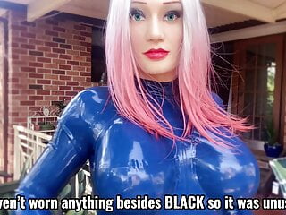 Trying out blue latex catsuit for...