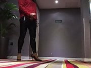 Crossdresser masturbates on hotel corridor