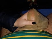 my wife in the car at a meeting in stockings makes a footjob