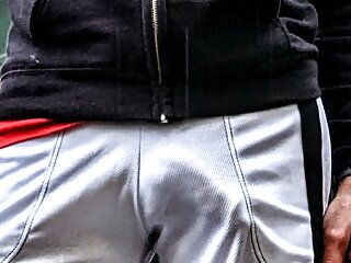 Freeballing and Bulging in public showing off my big cock in white sweatpants on a rainy day