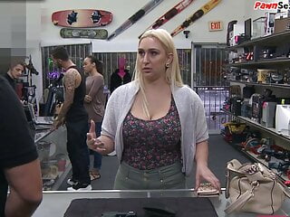 Curvy blonde milf with big tits gets fucked in the pawnshop