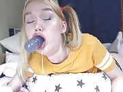 Pigtailed Blonde Chokes, Drools And Gags On A Big Dildo