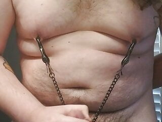 Fatty Edging His Little Cock With Nipple Clamps On
