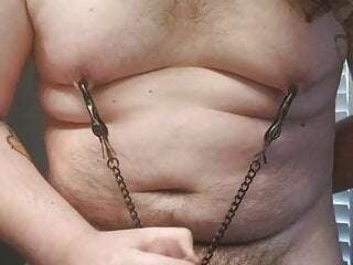 Fatty edging his little cock clamps...