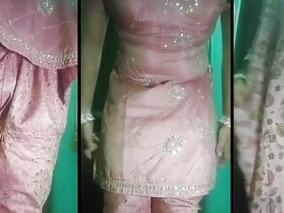 Indian Gay Crossdresser Wife Gaurisissy in Pink Salwar Kurta Pressing Her Big Boobs