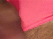 Uncut cock cumming on hairy chest wearing pink panties