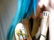 Blue-haired tattooed & pierced girl blows him -