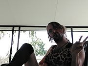 Sissy in leopard dress masturbating outside 
