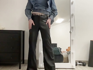 Sissy In Leather Flare Bootcut Trousers And Jeans Blouse