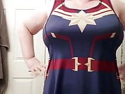 Caressing my curves in my new Captain Marvel dress!