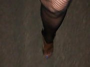 Outdoor with Sexy Blue Toes in clear Heels & Fishnet Catsuit
