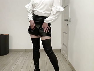 Sissy Bdsm In Leather Shorts White Office Blouse...