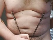 Fatty edging his little cock with nipple clamps on