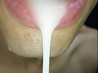 Cum in my mouth, play with your cum, and swallow it, close-up, naughty gay, tongue, sloopy