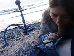 The girl sucked right on the beach near the sea!