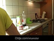 Big old dick fucks young tall brunette in the kitchen