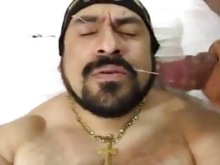 Hot macho bearded fucker gets a load all over his face