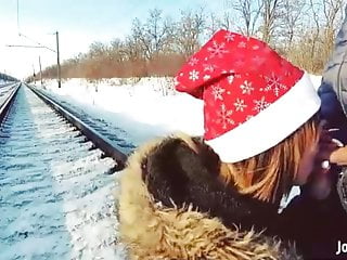 Girl In Fur Coat Give Blowjob On Railway
