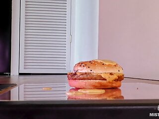  video: Squeezing Meat Burger By Beautiful Mistress Legs In Sheer Pantyhose