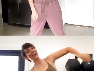 Frankie Bridge teaching Mollie King a dance over webcam. 