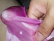 Soaking a satin thong with cum inside and out 