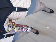 walking in high heels with caged cum