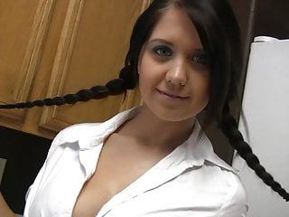 Big Tits Schoolgirl Brunette strips and play with her Boobs