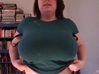 Huge boobs, tit drop, blue shirt